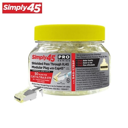 Simply45 ProSeries Pass Through Shielded Red Tint, Hi/Lo Stagger - Cat6/6a STP with Cap45 & Bar45- 50pc Jar SIM-S45-1755P